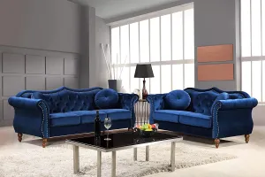 Anna1 Chesterfield Velvet Couches for Living Room, Button Tufted Luxury Upholstery with Rolled Arms, High-Density Foam, Durable Wood Frame, Sofa & Loveseat, Blue