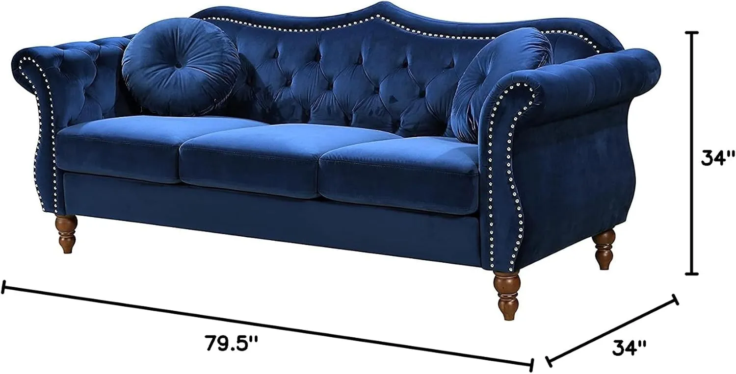 Anna1 Chesterfield Velvet Couches for Living Room, Button Tufted Luxury Upholstery with Rolled Arms, High-Density Foam, Durable Wood Frame, Sofa & Loveseat, Blue