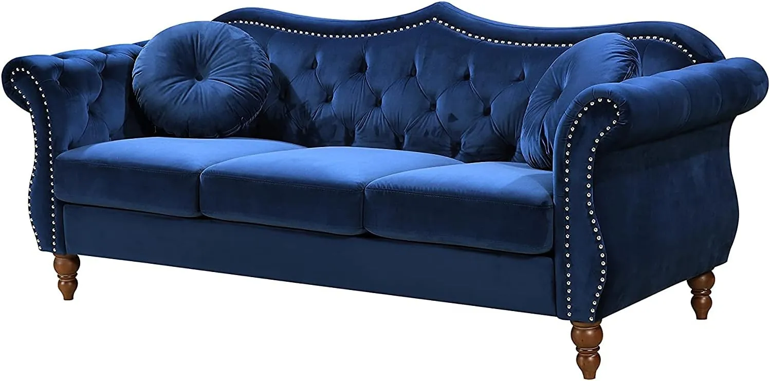 Anna1 Chesterfield Velvet Couches for Living Room, Button Tufted Luxury Upholstery with Rolled Arms, High-Density Foam, Durable Wood Frame, Sofa & Loveseat, Blue