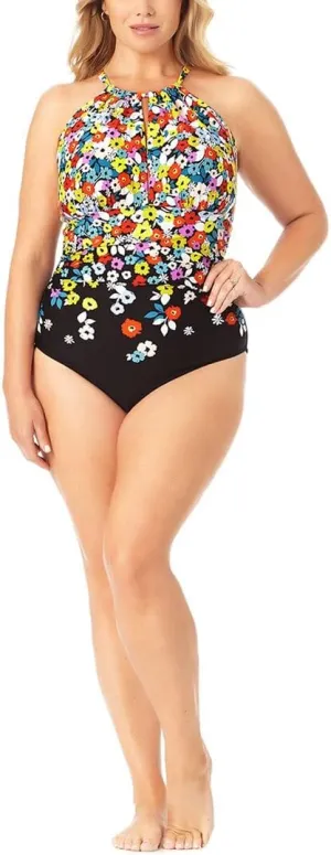 Anne Cole Women's PO06469 Plus Size Flower Field Keyhole High Neck Swimsuit