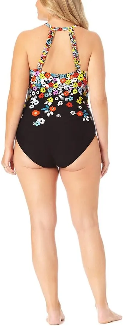 Anne Cole Women's PO06469 Plus Size Flower Field Keyhole High Neck Swimsuit