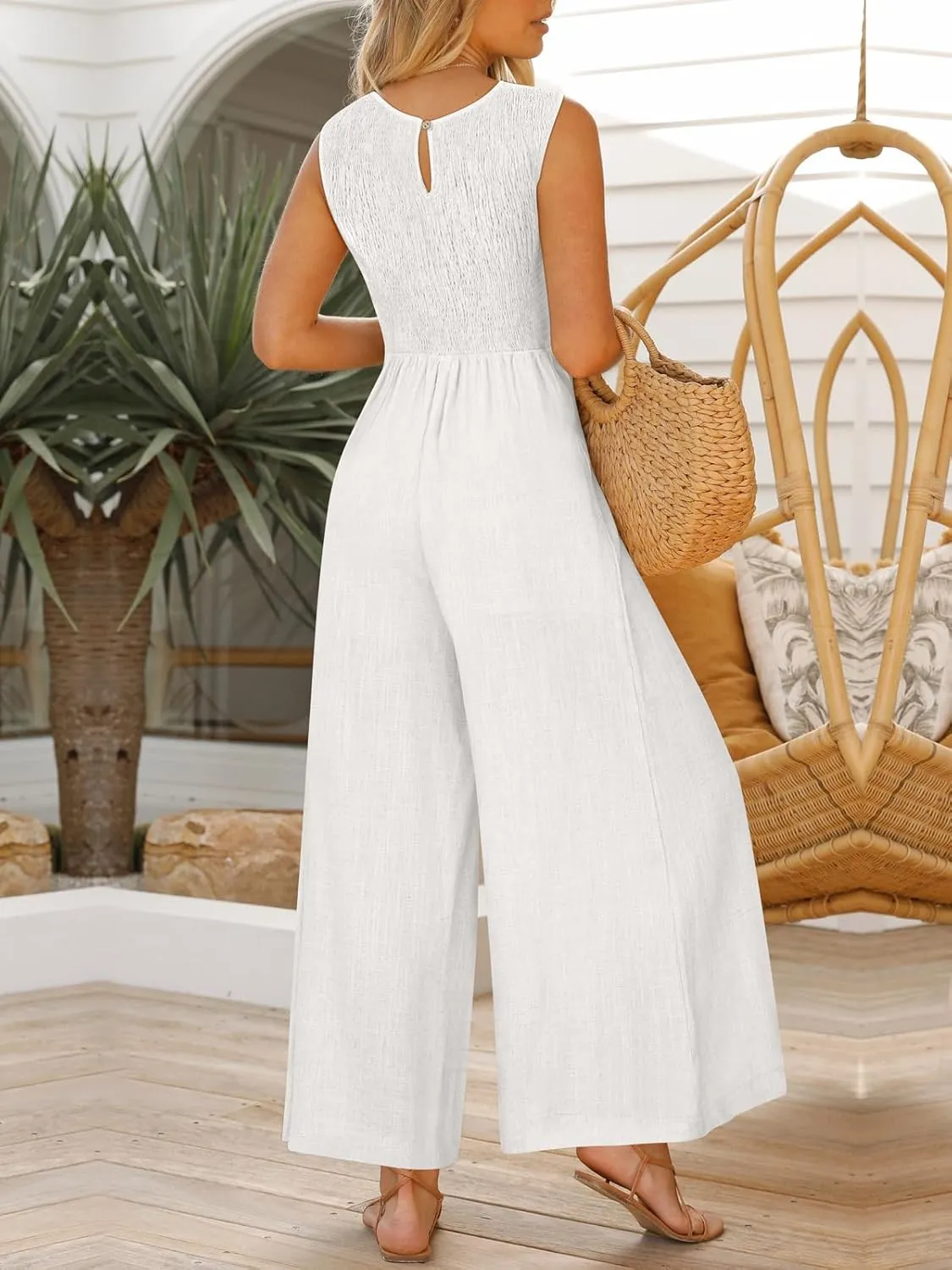ANRABESS Jumpsuits for Women Summer Dressy Casual Linen Romper Sleeveless V Neck High Waist Wide Leg Beach Vacation Outfits