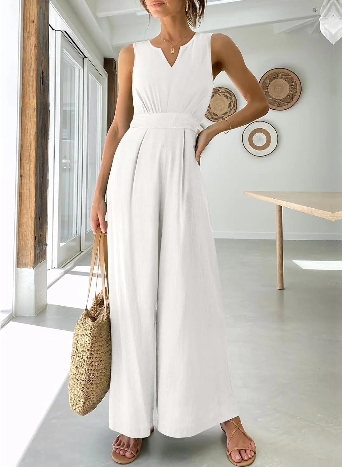 ANRABESS Jumpsuits for Women Summer Dressy Casual Linen Romper Sleeveless V Neck High Waist Wide Leg Beach Vacation Outfits