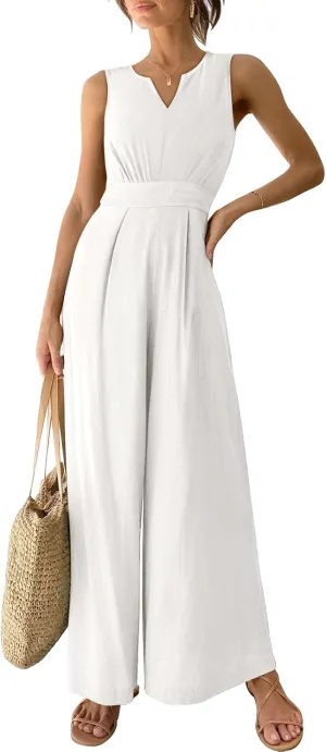 ANRABESS Jumpsuits for Women Summer Dressy Casual Linen Romper Sleeveless V Neck High Waist Wide Leg Beach Vacation Outfits