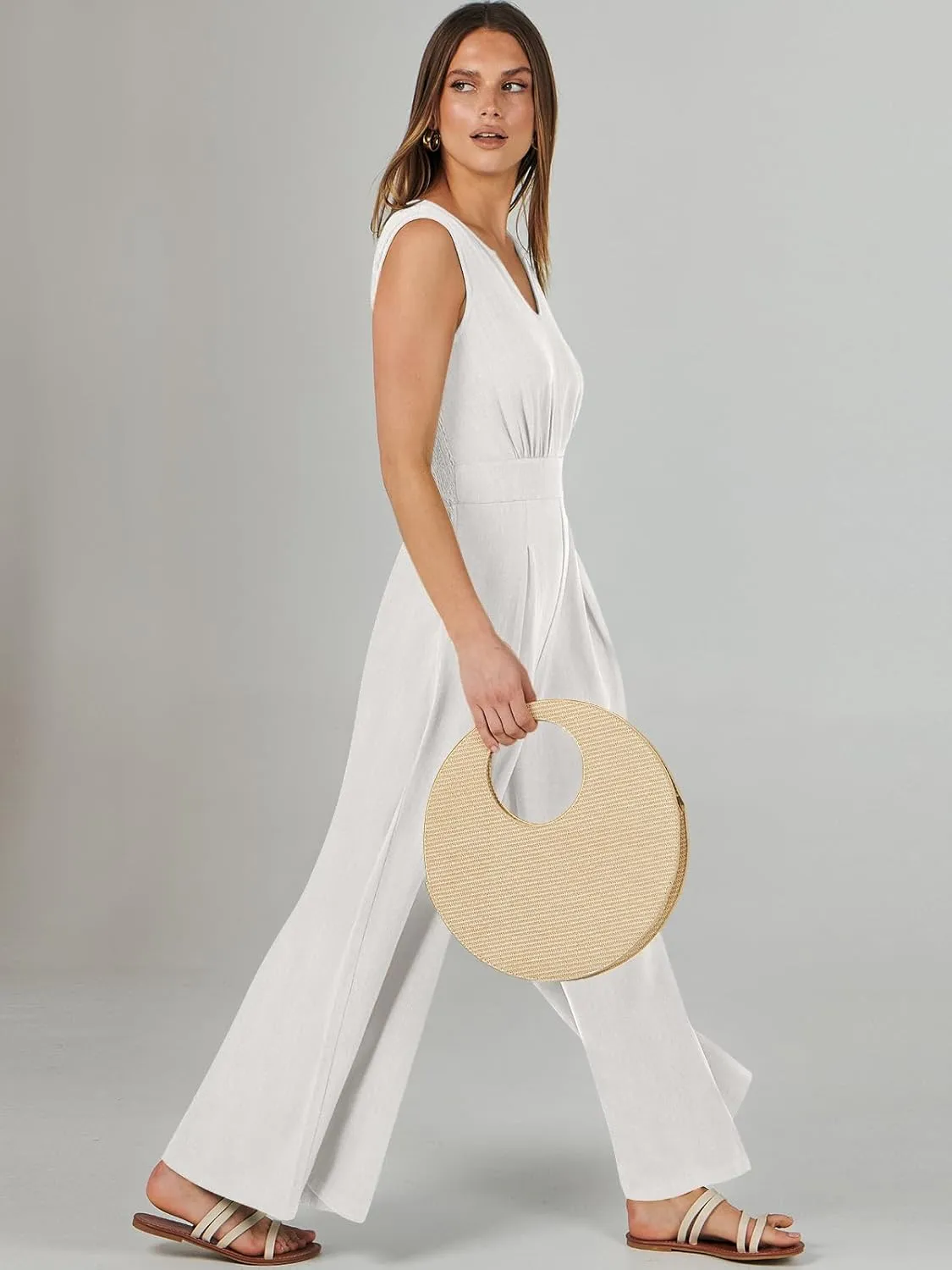 ANRABESS Jumpsuits for Women Summer Dressy Casual Linen Romper Sleeveless V Neck High Waist Wide Leg Beach Vacation Outfits