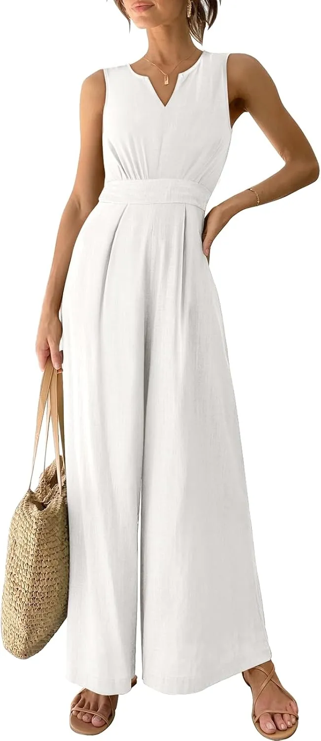 ANRABESS Jumpsuits for Women Summer Dressy Casual Linen Romper Sleeveless V Neck High Waist Wide Leg Beach Vacation Outfits