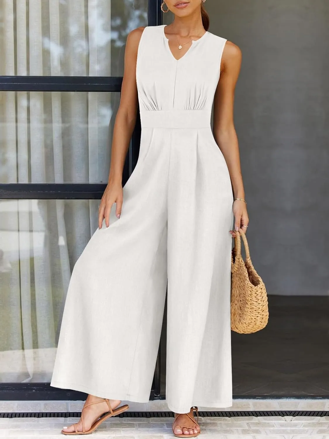 ANRABESS Jumpsuits for Women Summer Dressy Casual Linen Romper Sleeveless V Neck High Waist Wide Leg Beach Vacation Outfits