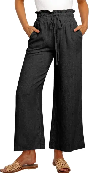 ANRABESS Women Linen Pants Casual Loose High Waist Boho Wide Leg Cropped Palazzo Beach Pants Summer Outfits 2025 Trendy
