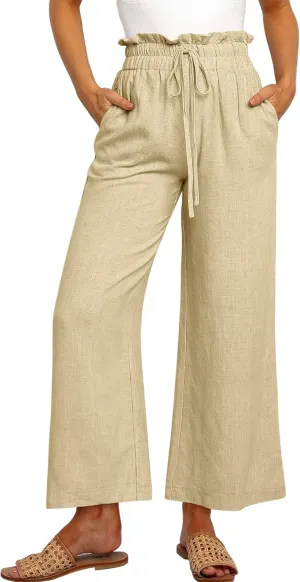 ANRABESS Women Linen Pants Casual Loose High Waist Boho Wide Leg Cropped Palazzo Beach Pants Summer Outfits 2025 Trendy