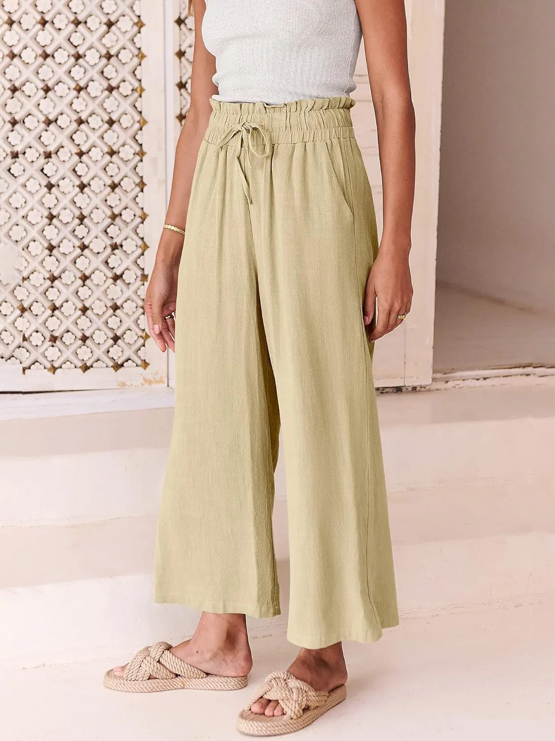 ANRABESS Women Linen Pants Casual Loose High Waist Boho Wide Leg Cropped Palazzo Beach Pants Summer Outfits 2025 Trendy