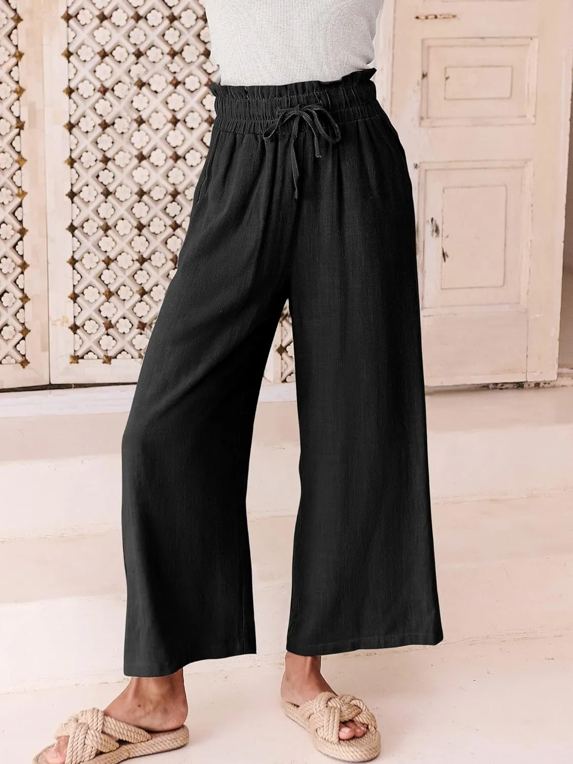 ANRABESS Women Linen Pants Casual Loose High Waist Boho Wide Leg Cropped Palazzo Beach Pants Summer Outfits 2025 Trendy