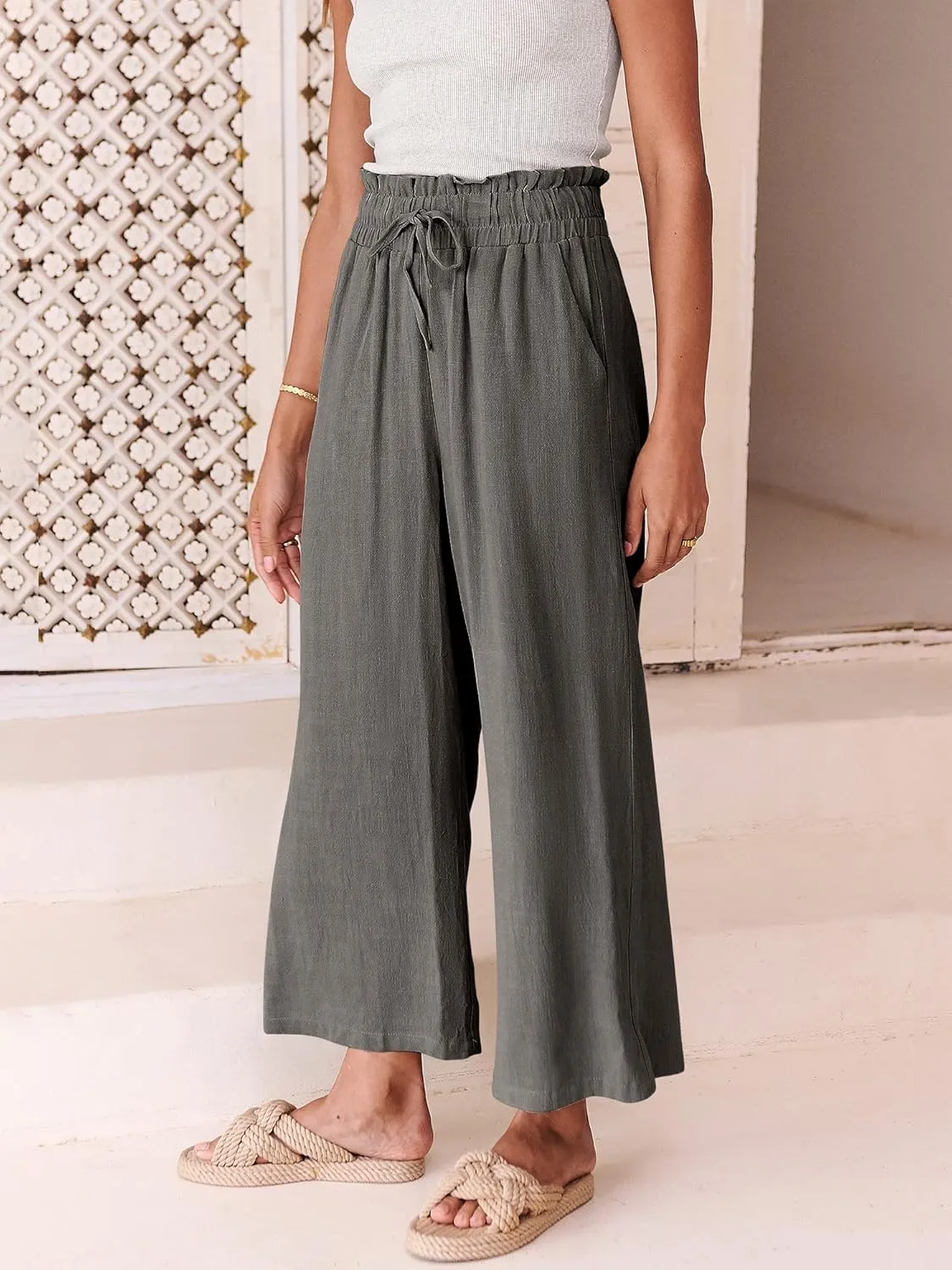 ANRABESS Women Linen Pants Casual Loose High Waist Boho Wide Leg Cropped Palazzo Beach Pants Summer Outfits 2025 Trendy