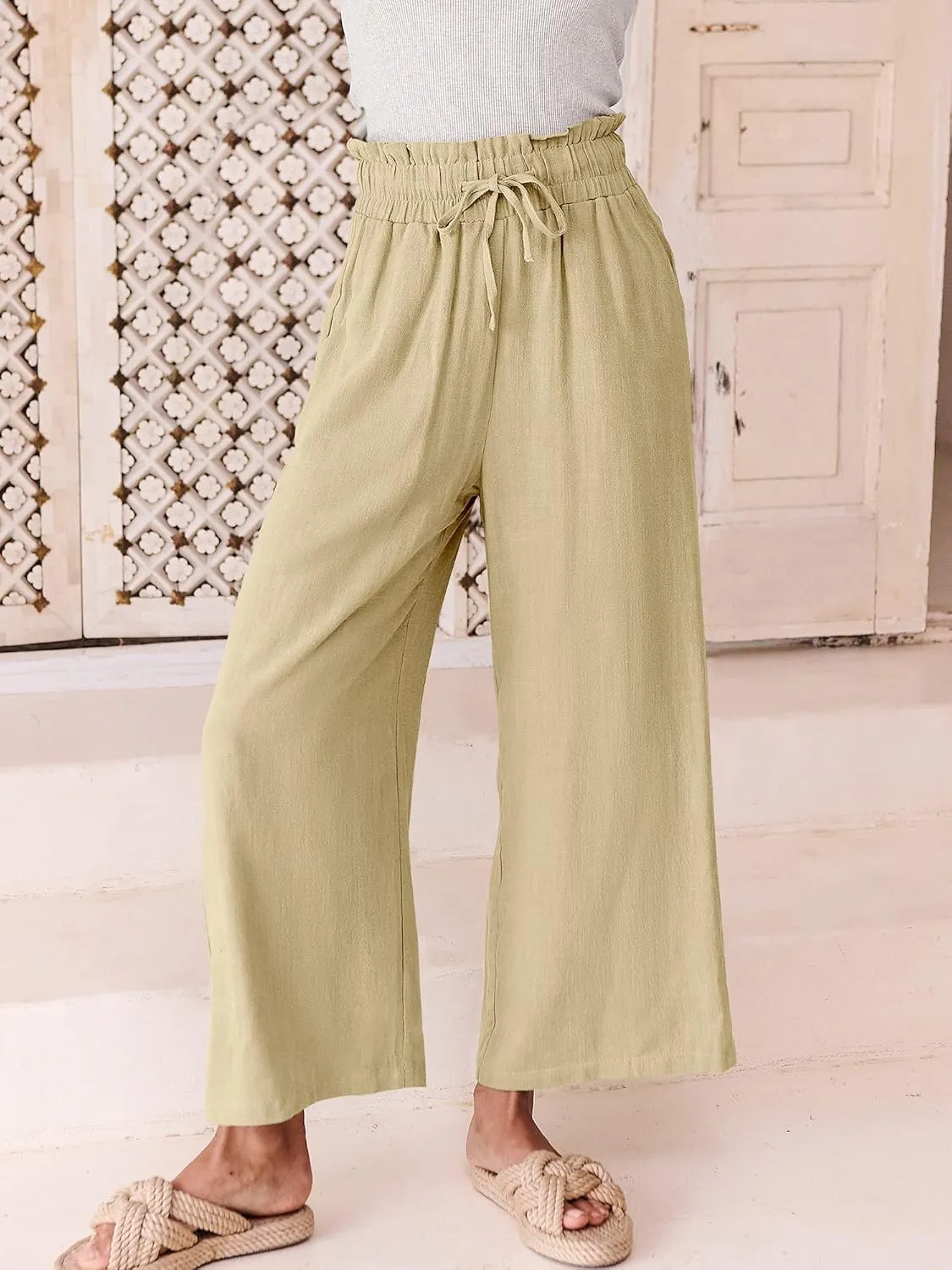 ANRABESS Women Linen Pants Casual Loose High Waist Boho Wide Leg Cropped Palazzo Beach Pants Summer Outfits 2025 Trendy