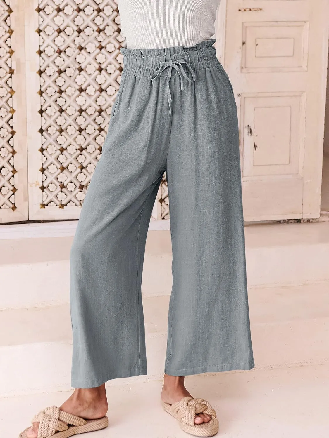 ANRABESS Women Linen Pants Casual Loose High Waist Boho Wide Leg Cropped Palazzo Beach Pants Summer Outfits 2025 Trendy