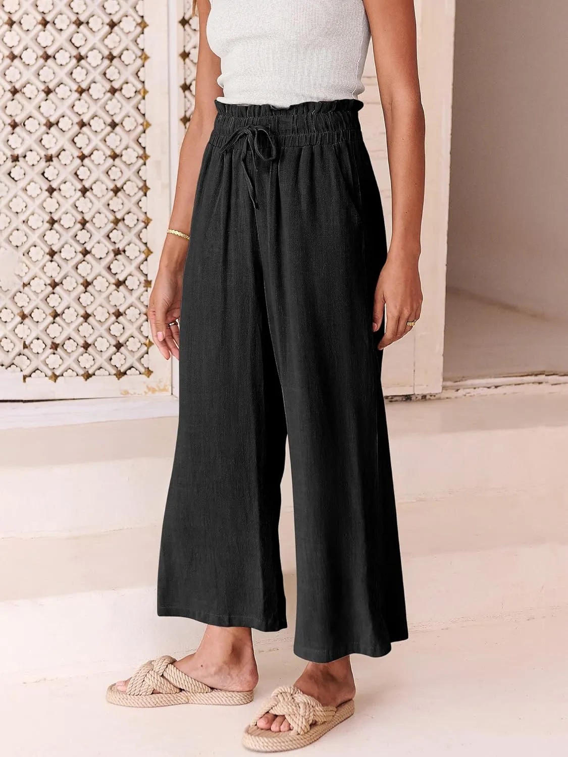ANRABESS Women Linen Pants Casual Loose High Waist Boho Wide Leg Cropped Palazzo Beach Pants Summer Outfits 2025 Trendy