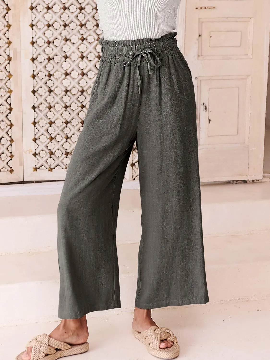 ANRABESS Women Linen Pants Casual Loose High Waist Boho Wide Leg Cropped Palazzo Beach Pants Summer Outfits 2025 Trendy