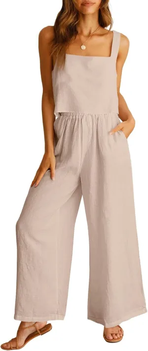 ANRABESS Women's 2 Piece Outfits Linen Pants Jumpsuit Matching Lounge Set Casual Summer Beach Vacation Trendy Clothes