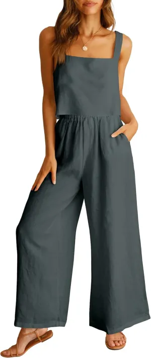 ANRABESS Women's 2 Piece Outfits Linen Pants Jumpsuit Matching Lounge Set Casual Summer Beach Vacation Trendy Clothes
