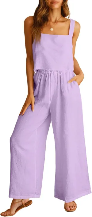 ANRABESS Women's 2 Piece Outfits Linen Pants Jumpsuit Matching Lounge Set Casual Summer Beach Vacation Trendy Clothes