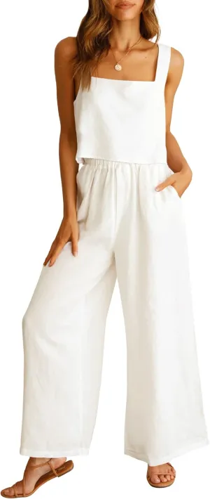 ANRABESS Women's 2 Piece Outfits Linen Pants Jumpsuit Matching Lounge Set Casual Summer Beach Vacation Trendy Clothes