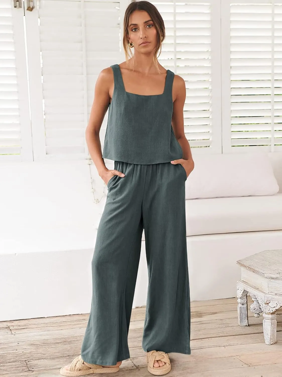 ANRABESS Women's 2 Piece Outfits Linen Pants Jumpsuit Matching Lounge Set Casual Summer Beach Vacation Trendy Clothes