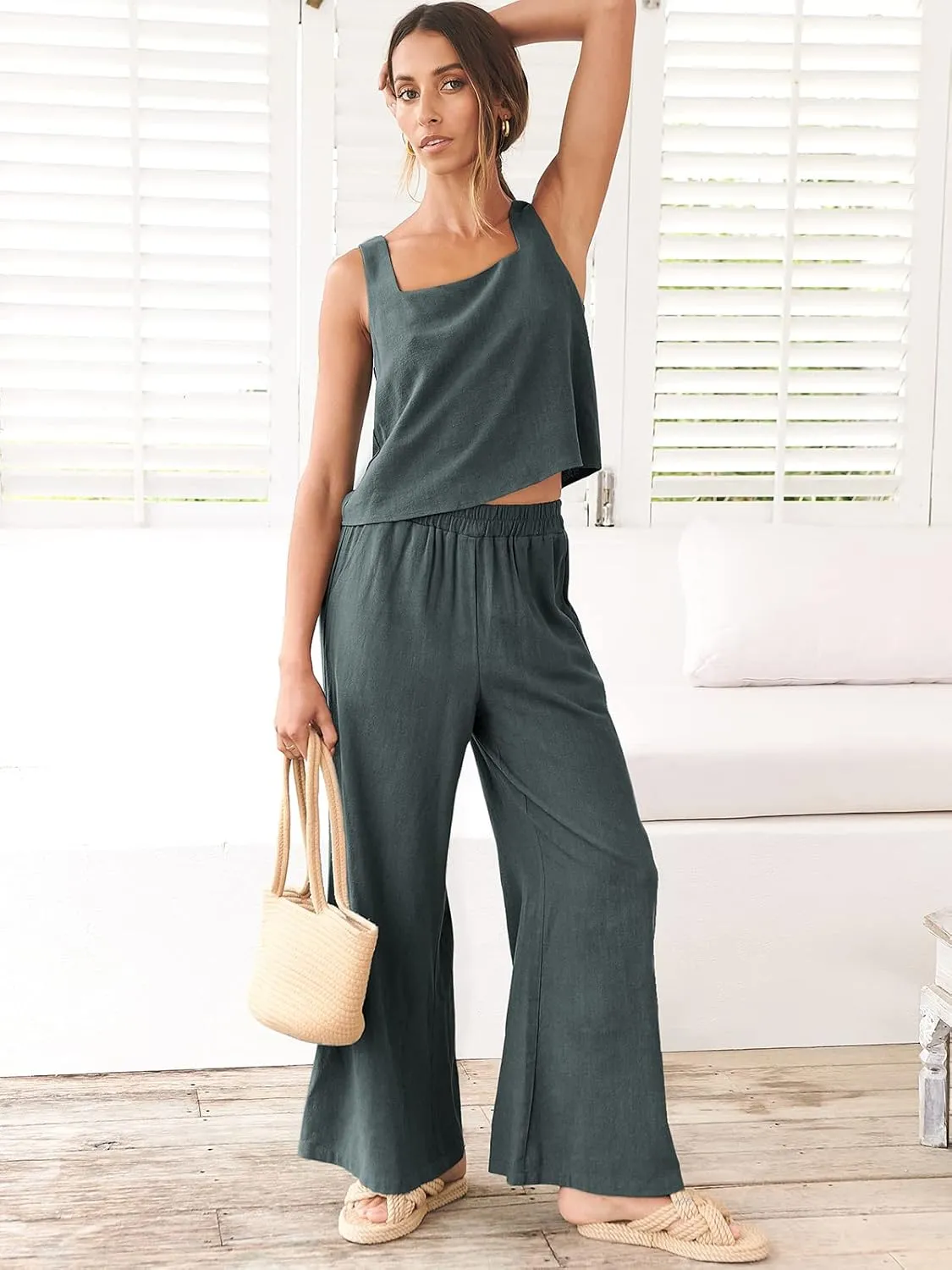 ANRABESS Women's 2 Piece Outfits Linen Pants Jumpsuit Matching Lounge Set Casual Summer Beach Vacation Trendy Clothes