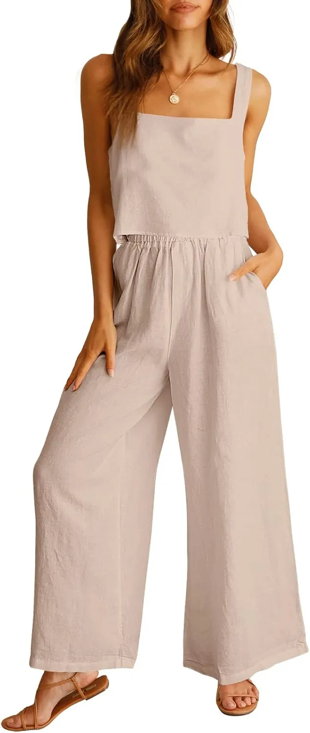 ANRABESS Women's 2 Piece Outfits Linen Pants Jumpsuit Matching Lounge Set Casual Summer Beach Vacation Trendy Clothes
