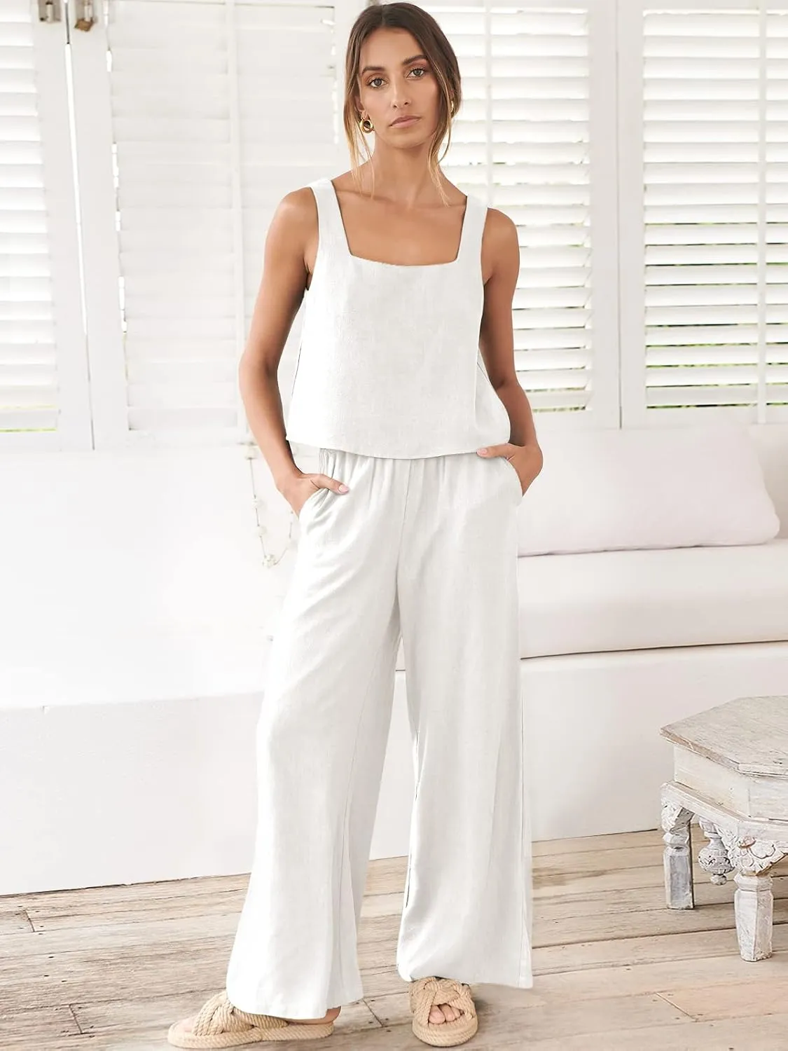 ANRABESS Women's 2 Piece Outfits Linen Pants Jumpsuit Matching Lounge Set Casual Summer Beach Vacation Trendy Clothes