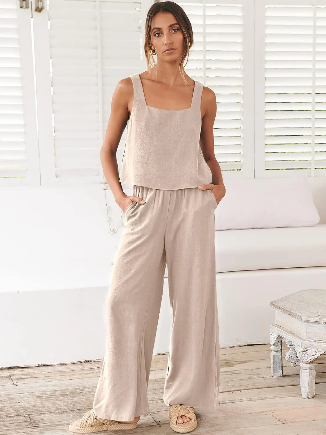 ANRABESS Women's 2 Piece Outfits Linen Pants Jumpsuit Matching Lounge Set Casual Summer Beach Vacation Trendy Clothes