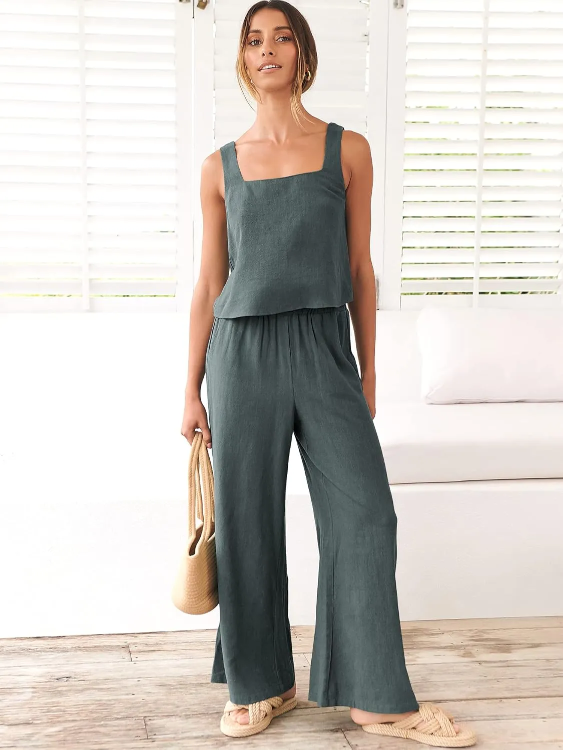 ANRABESS Women's 2 Piece Outfits Linen Pants Jumpsuit Matching Lounge Set Casual Summer Beach Vacation Trendy Clothes