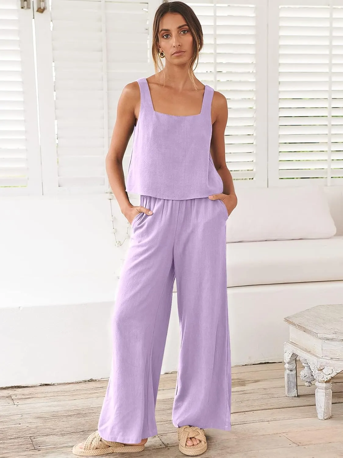 ANRABESS Women's 2 Piece Outfits Linen Pants Jumpsuit Matching Lounge Set Casual Summer Beach Vacation Trendy Clothes