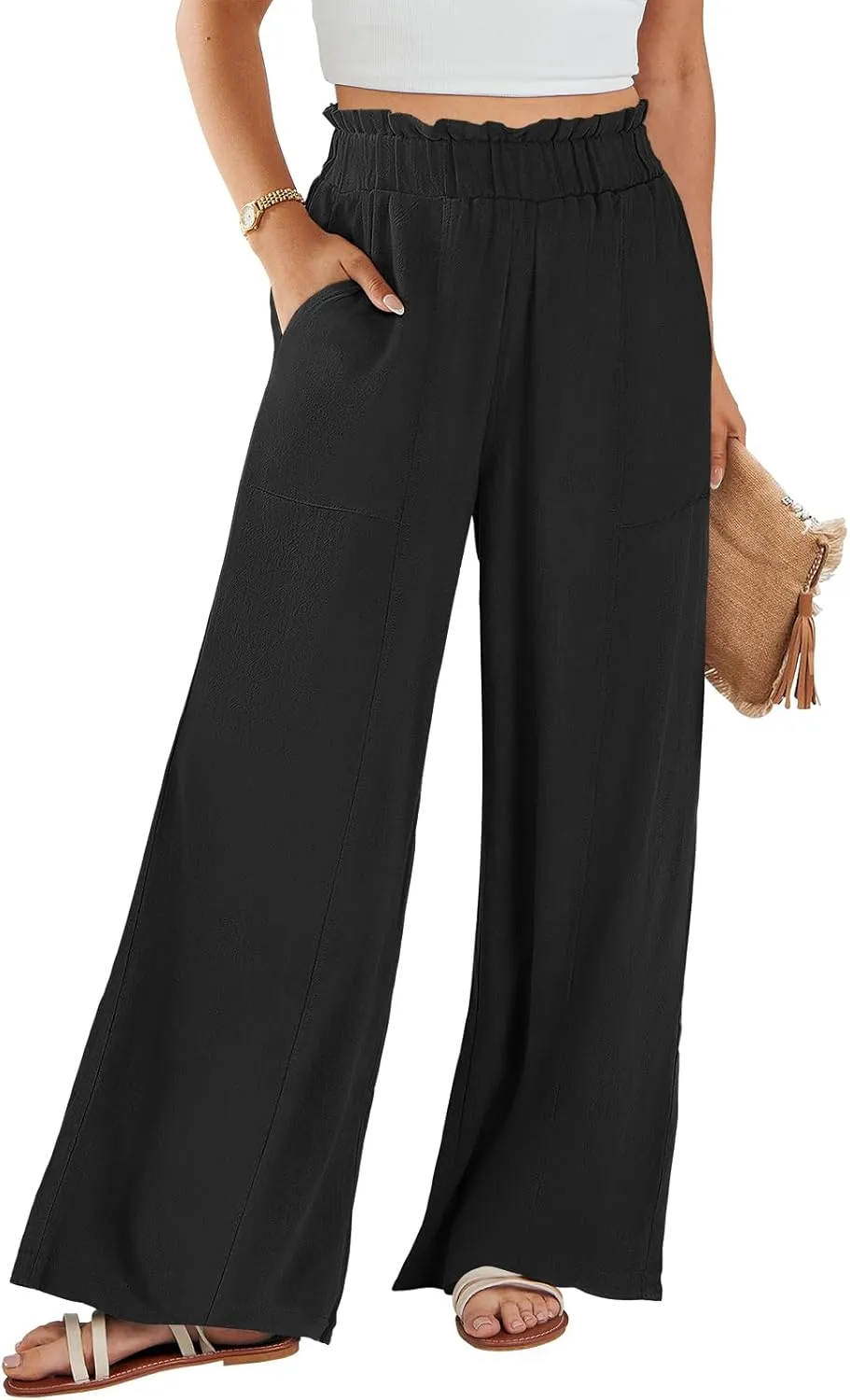 ANRABESS Womens Linen Pants 2025 Summer Casual Loose Wide Leg Palazzo Pants High Waist Flowy Beach Trousers Work Outfits