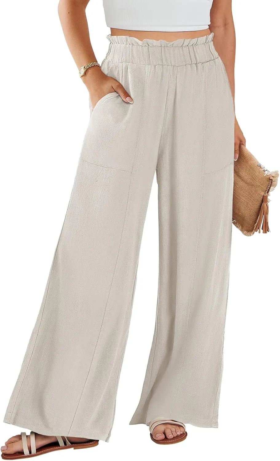 ANRABESS Womens Linen Pants 2025 Summer Casual Loose Wide Leg Palazzo Pants High Waist Flowy Beach Trousers Work Outfits