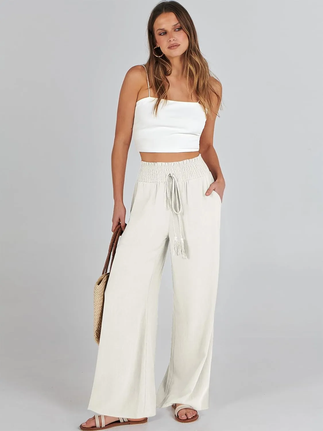 ANRABESS Women's Linen Pants Summer Casual Palazzo Beach Pant Drawstring High Waist Wide Leg Trousers Vacation Outfits