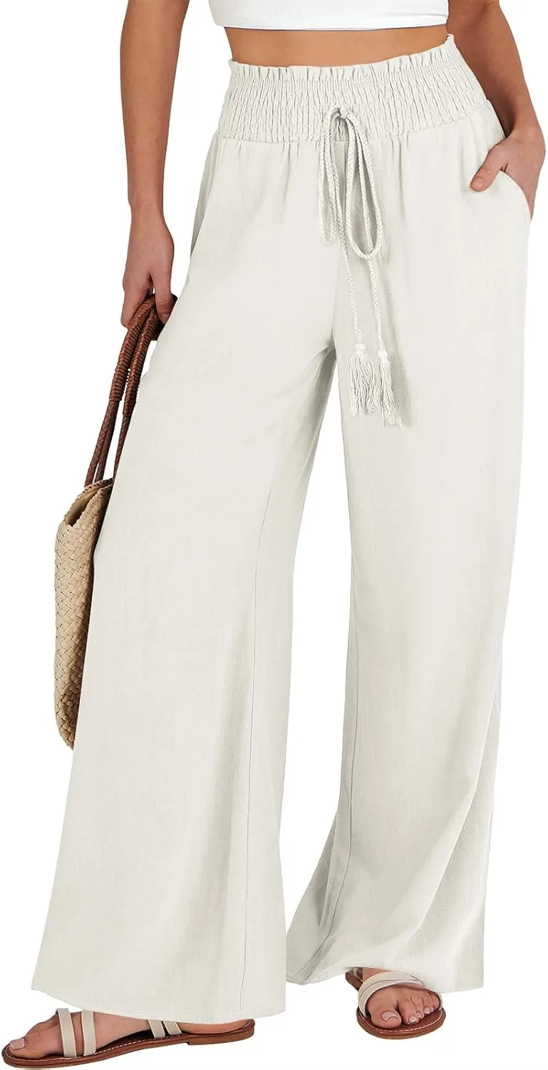 ANRABESS Women's Linen Pants Summer Casual Palazzo Beach Pant Drawstring High Waist Wide Leg Trousers Vacation Outfits