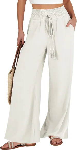 ANRABESS Women's Linen Pants Summer Casual Palazzo Beach Pant Drawstring High Waist Wide Leg Trousers Vacation Outfits