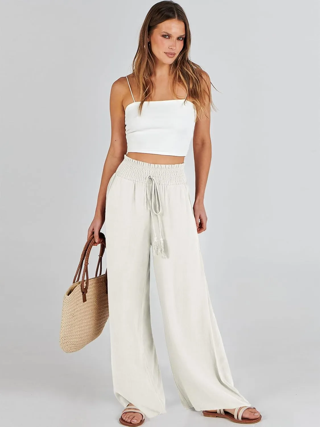 ANRABESS Women's Linen Pants Summer Casual Palazzo Beach Pant Drawstring High Waist Wide Leg Trousers Vacation Outfits
