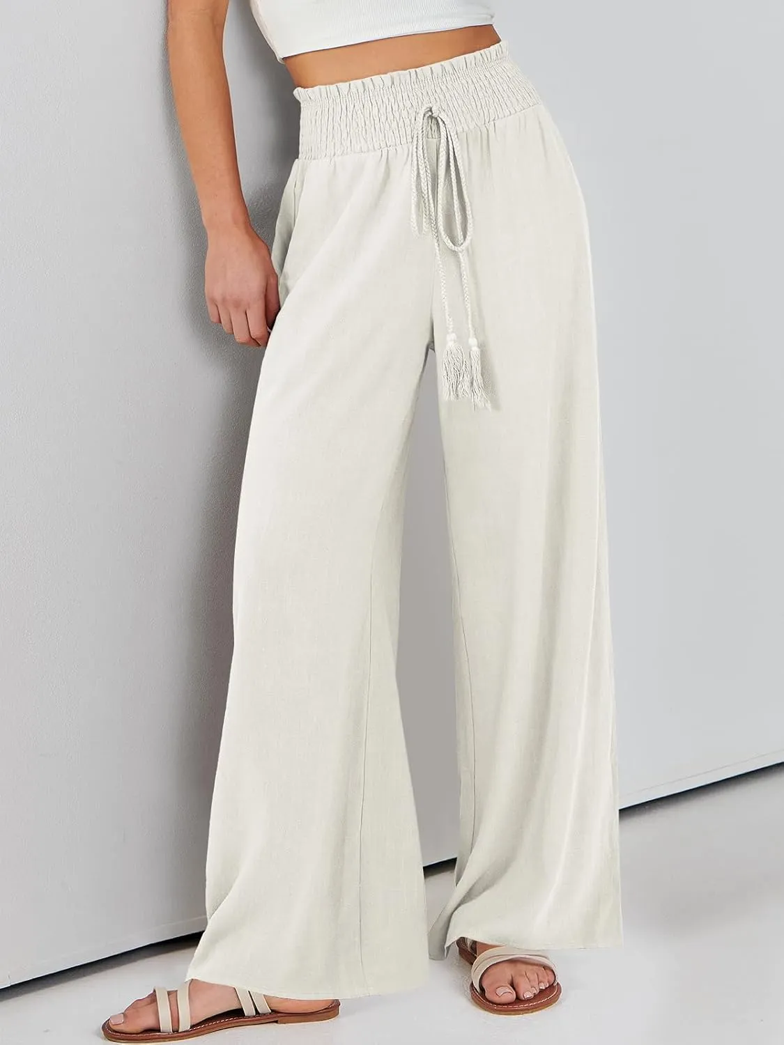 ANRABESS Women's Linen Pants Summer Casual Palazzo Beach Pant Drawstring High Waist Wide Leg Trousers Vacation Outfits