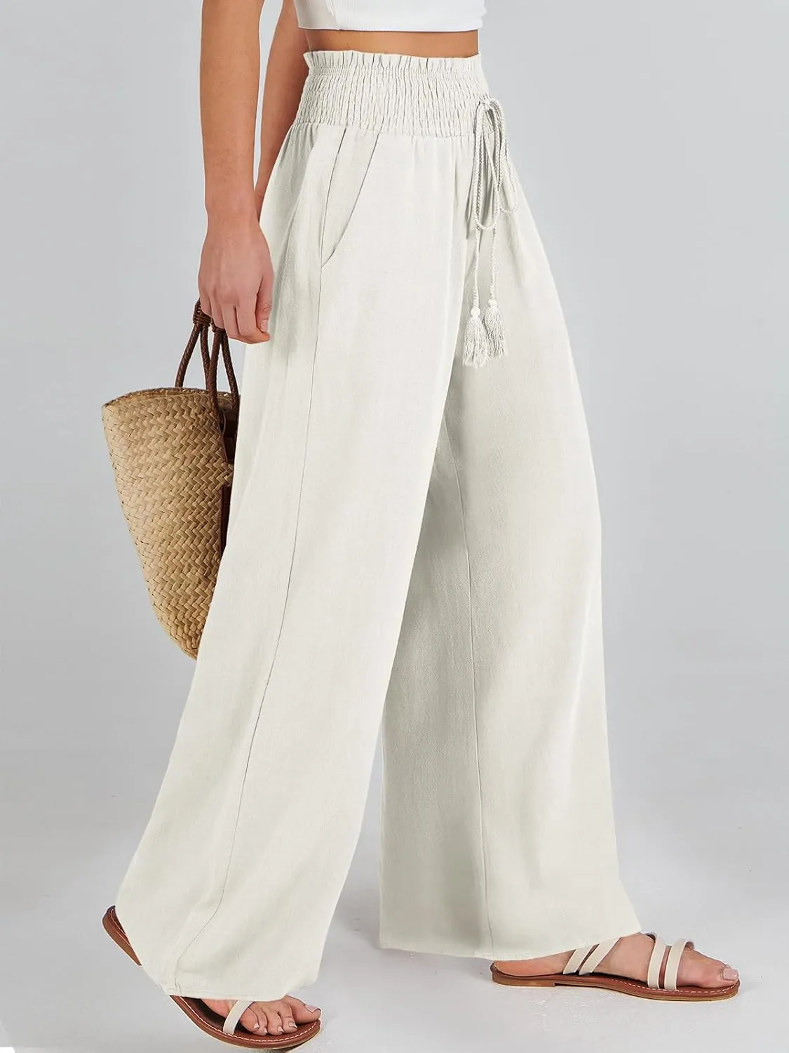 ANRABESS Women's Linen Pants Summer Casual Palazzo Beach Pant Drawstring High Waist Wide Leg Trousers Vacation Outfits