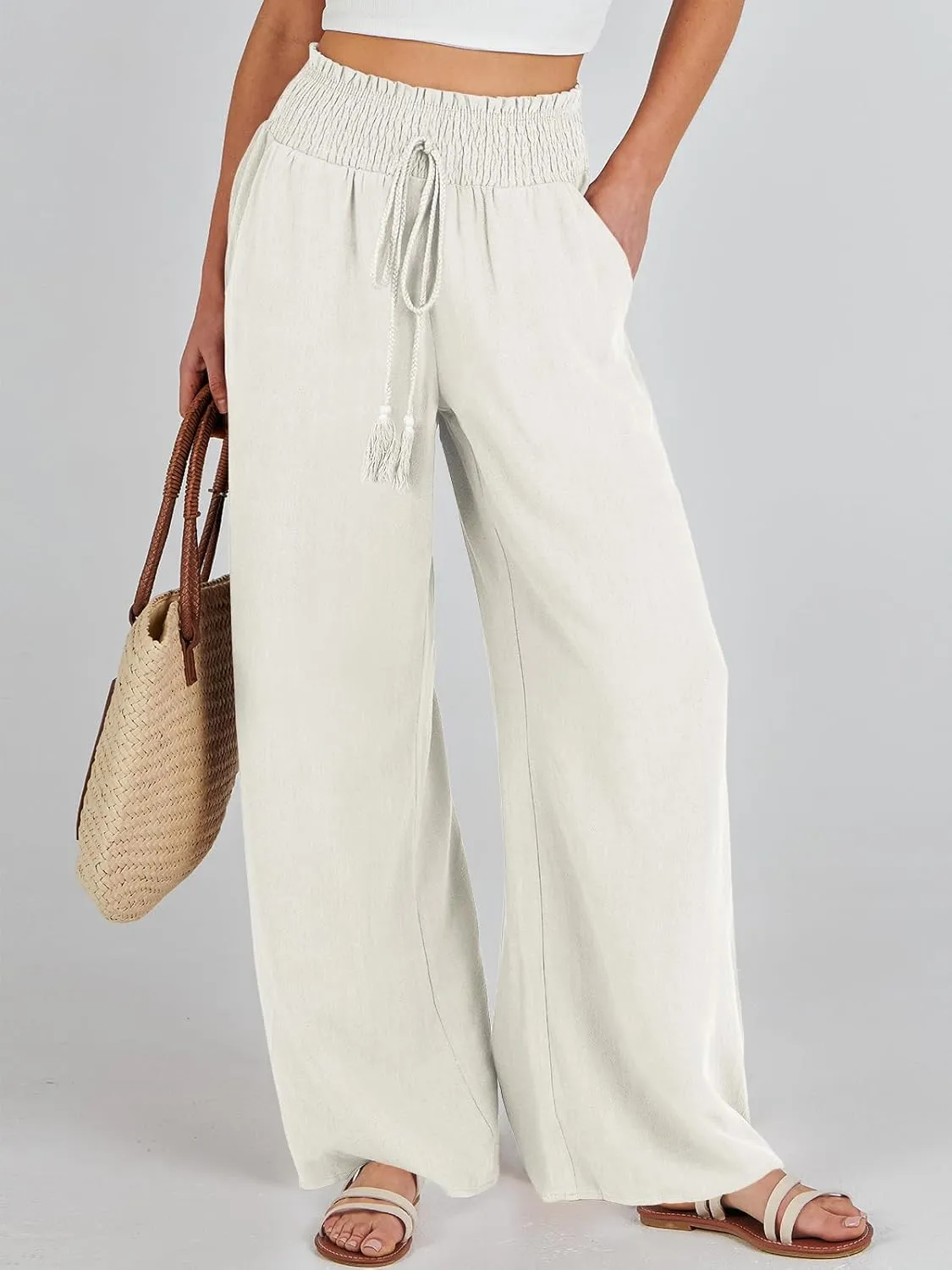 ANRABESS Women's Linen Pants Summer Casual Palazzo Beach Pant Drawstring High Waist Wide Leg Trousers Vacation Outfits