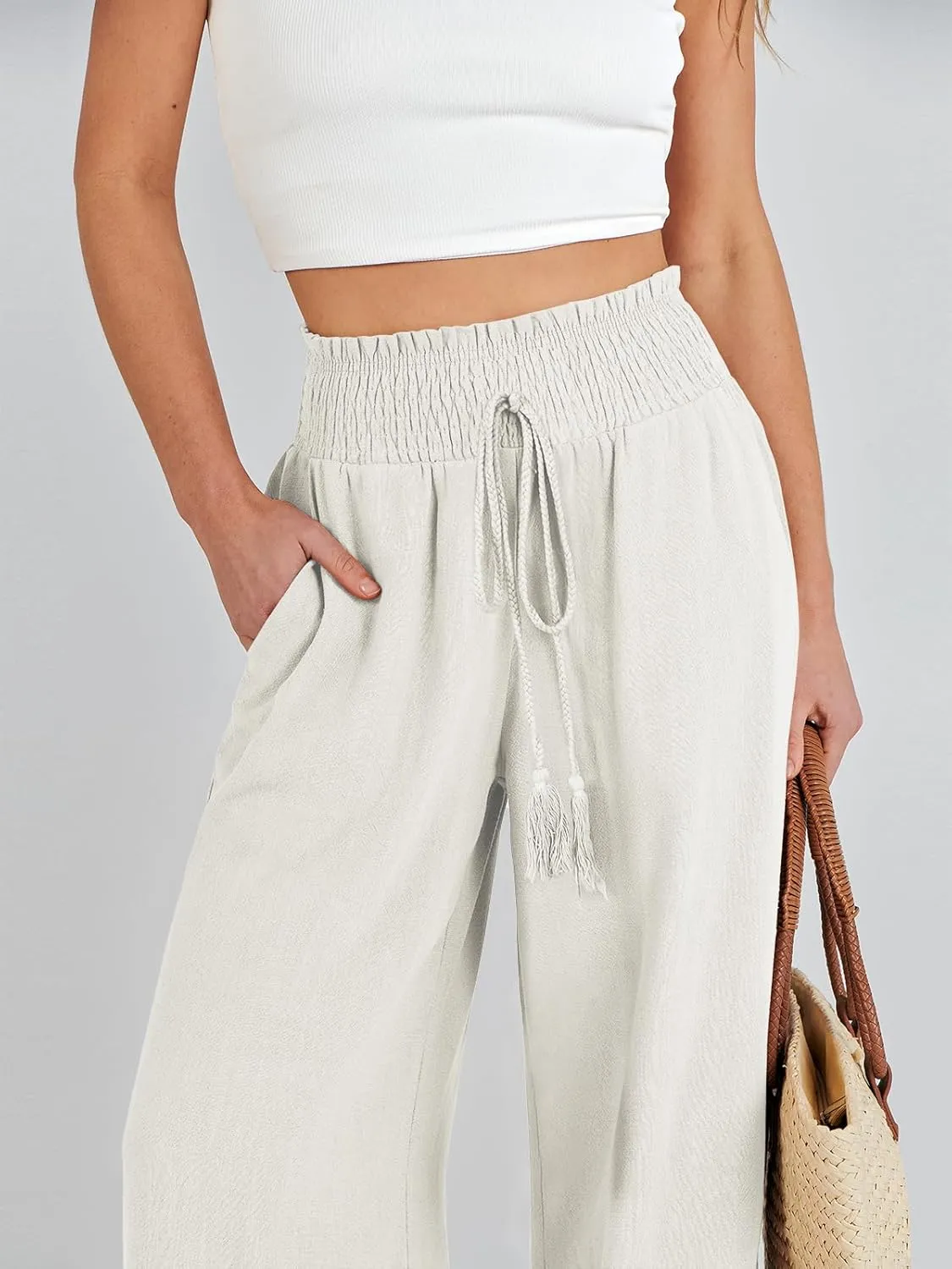 ANRABESS Women's Linen Pants Summer Casual Palazzo Beach Pant Drawstring High Waist Wide Leg Trousers Vacation Outfits