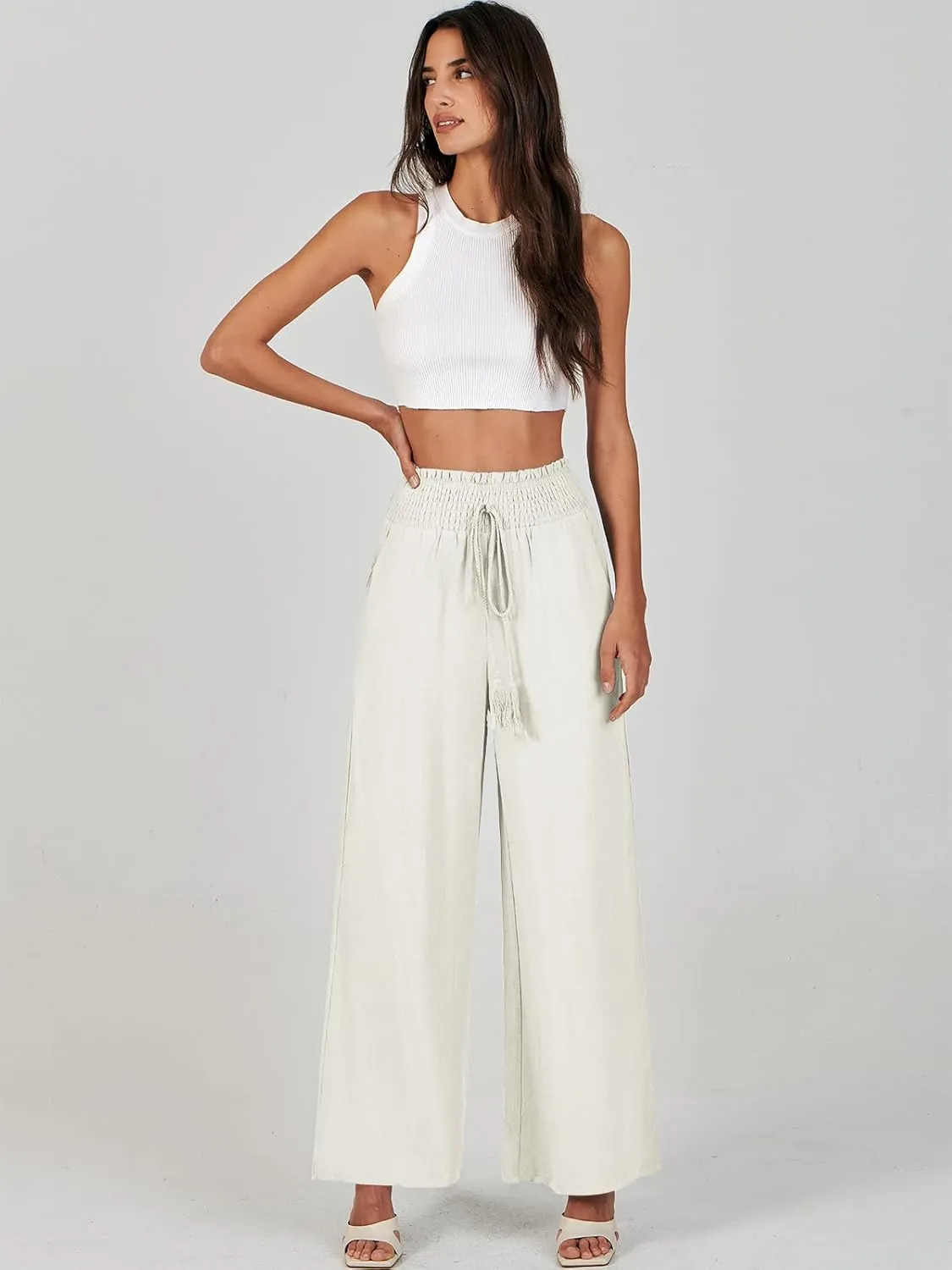 ANRABESS Women's Linen Pants Summer Casual Palazzo Beach Pant Drawstring High Waist Wide Leg Trousers Vacation Outfits