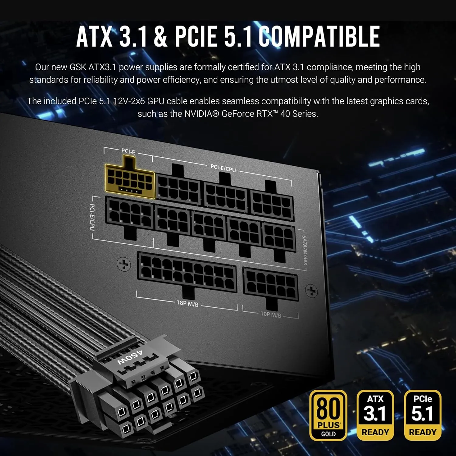 ANTEC GSK850 ATX3.1, 850W Full Modular PSU, 80 Plus Gold Certified, PCIE 5.1 Support, PhaseWave Design, Japanese Caps, Zero RPM Manager, 120mm Silent Fan, 7-Year Warranty