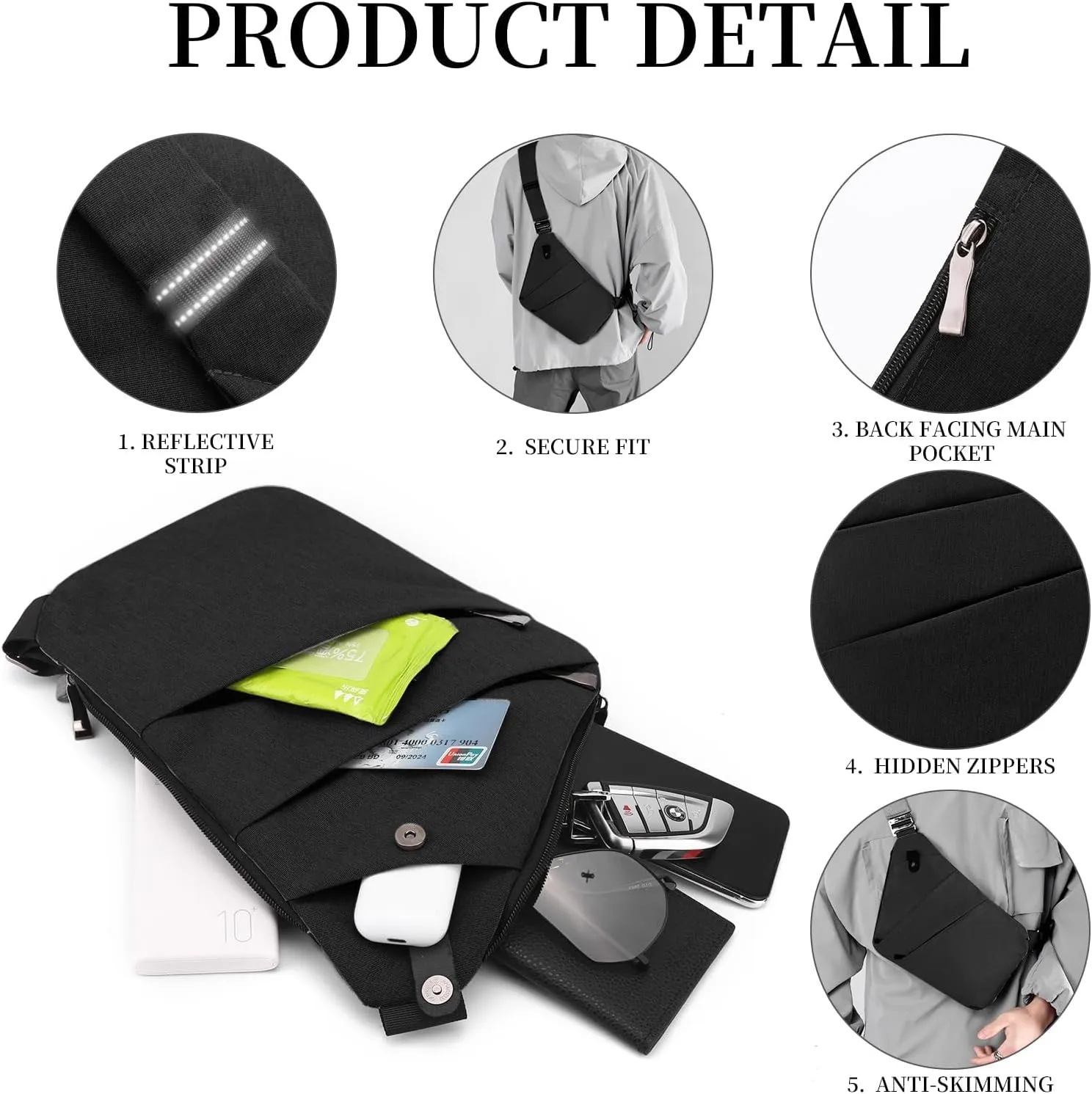 Anti Theft Crossbody Bag,Sling Bag for Women Men,Multi-pocket Chest Shoulder Bag for Travel, Sport, Work