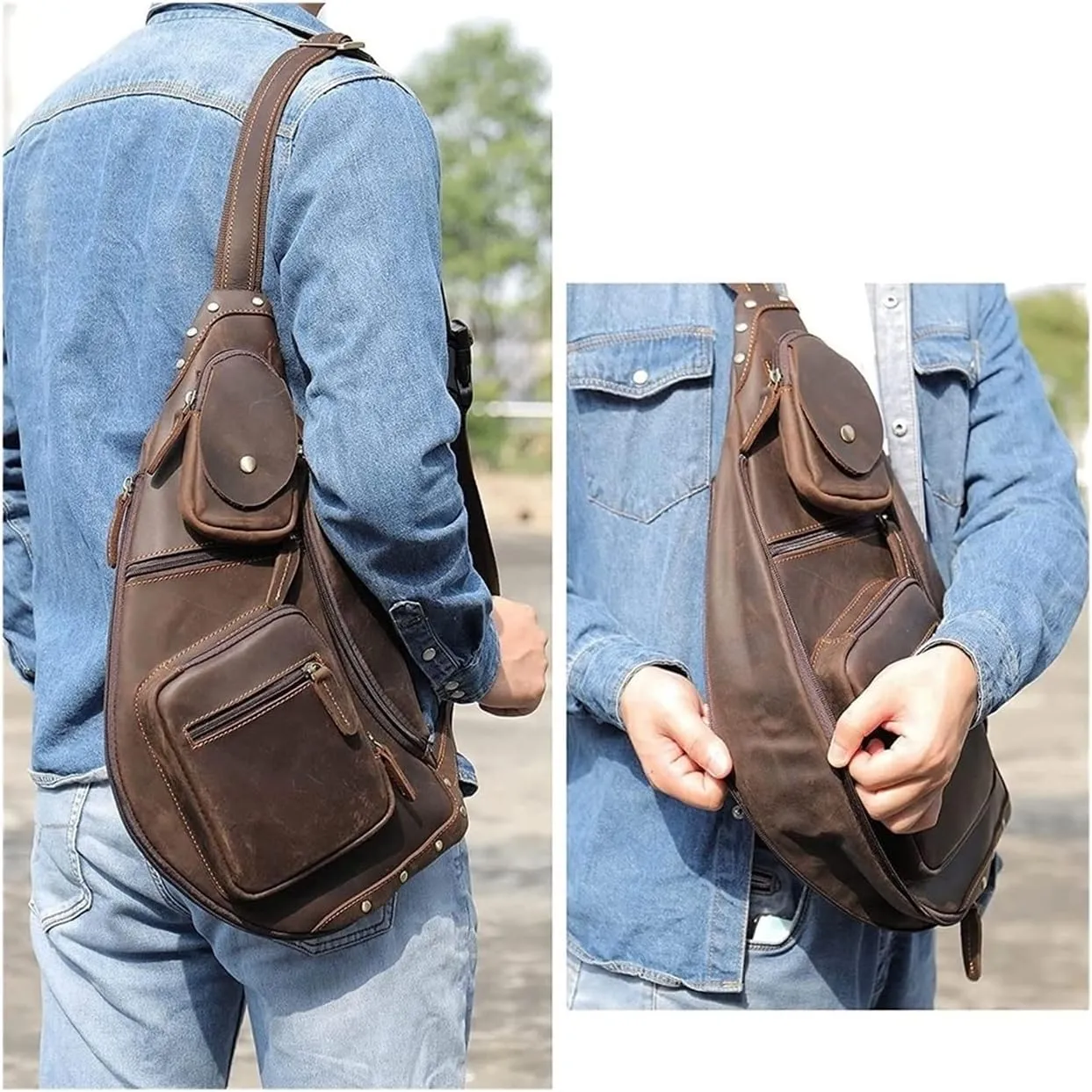 Anti Theft Sling Bag Leather Chest Bag Crossbody Shoulder Pack Bag Daypack for Men men Outdoor Travel