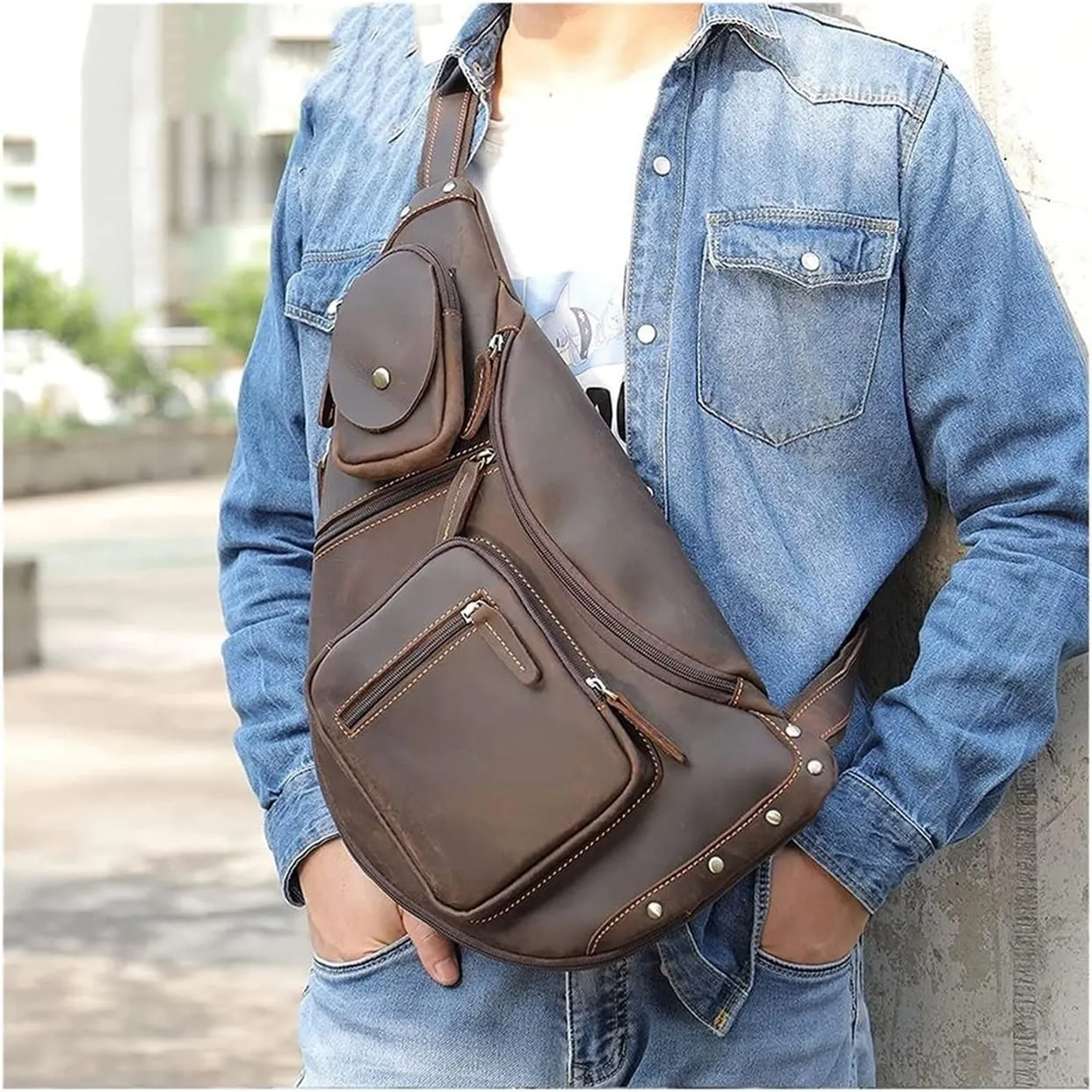 Anti Theft Sling Bag Leather Chest Bag Crossbody Shoulder Pack Bag Daypack for Men men Outdoor Travel