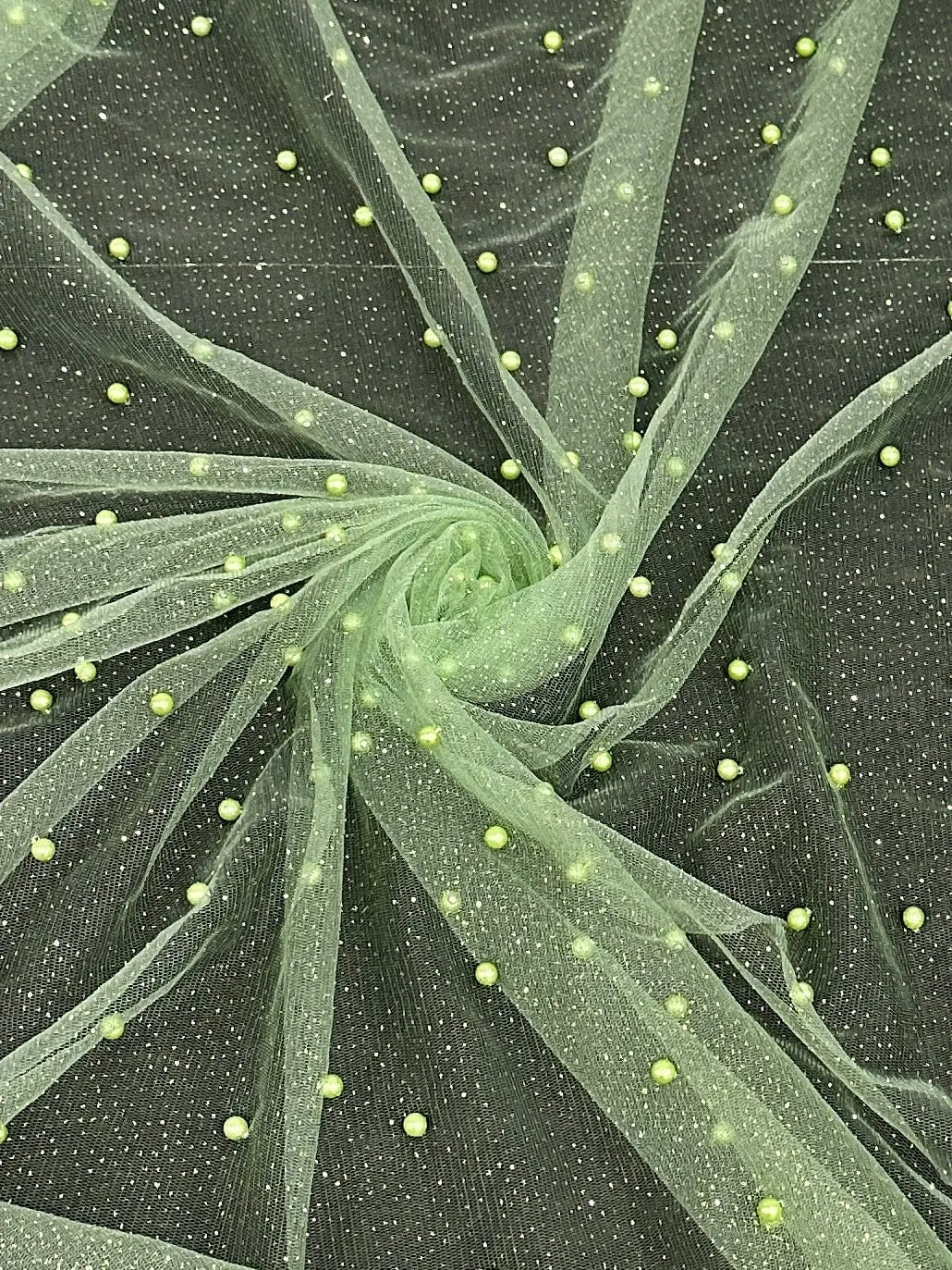 Apple Green Pearl Beaded Glittery Mesh/Tulle