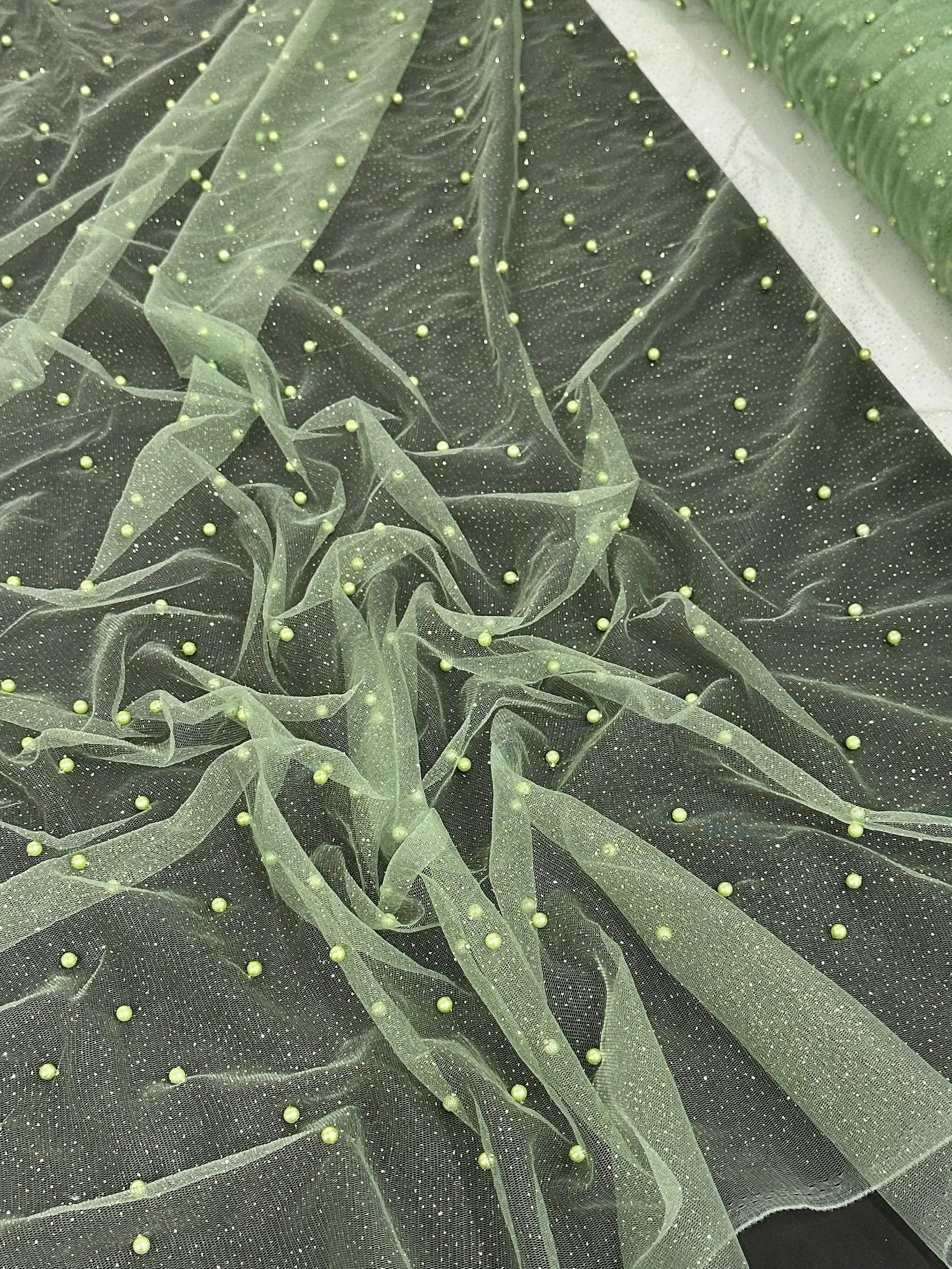 Apple Green Pearl Beaded Glittery Mesh/Tulle