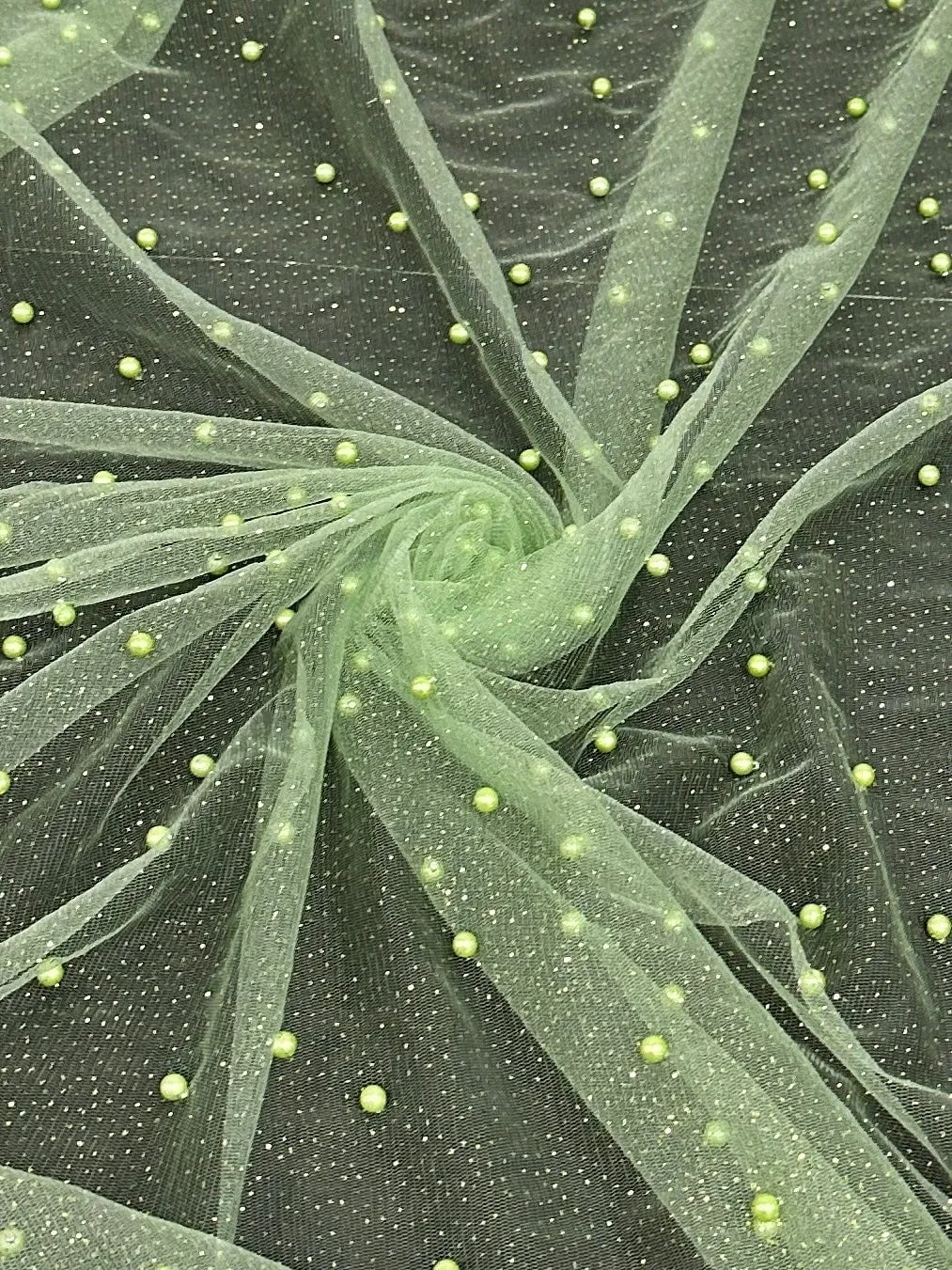 Apple Green Pearl Beaded Glittery Mesh/Tulle