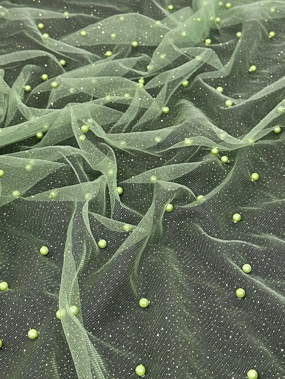 Apple Green Pearl Beaded Glittery Mesh/Tulle